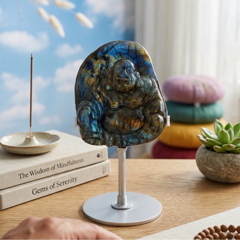 Labradorite Buddha Hand Carved Blue Flash 4"  Crystal Transformation Healing